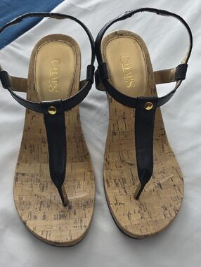 Chaps Black Leather T-Strap Cork-Style Sandals